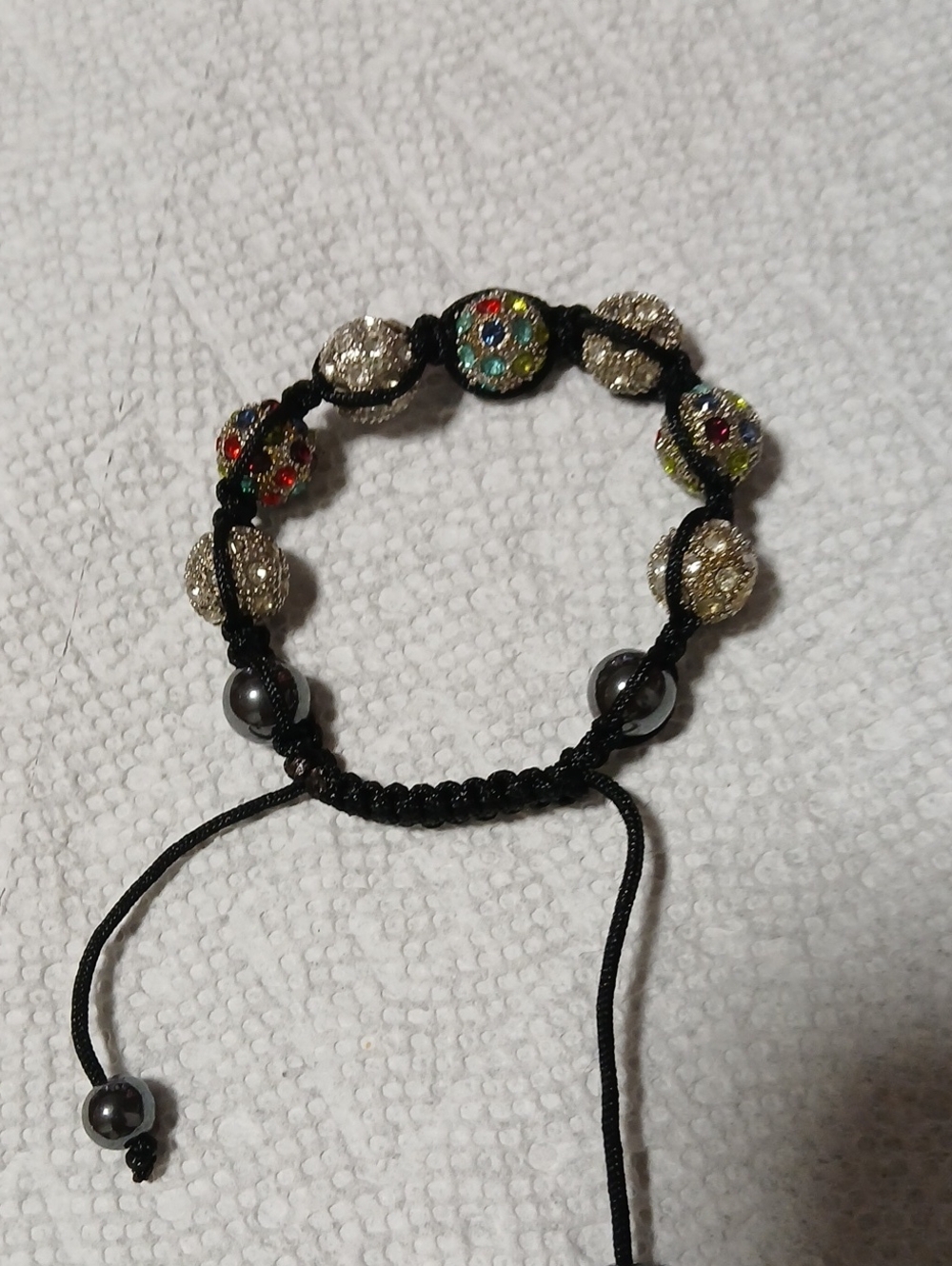 Adjustable Black Cord Bracelet with Multicolor and Gold Beads